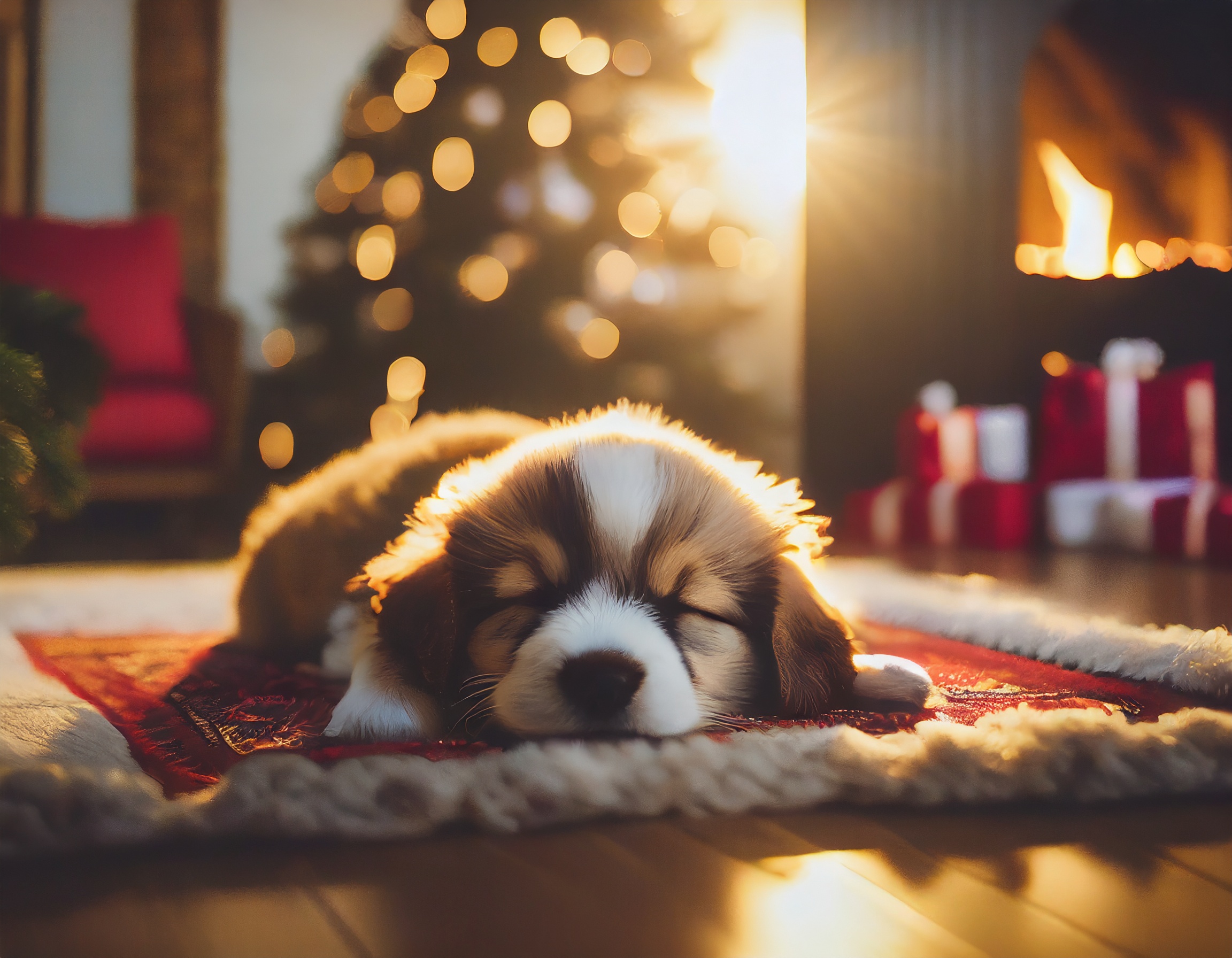 Firefly A close-up photo of a cute puppy sleeping on a Persian rug in front of a warm fireplace at n